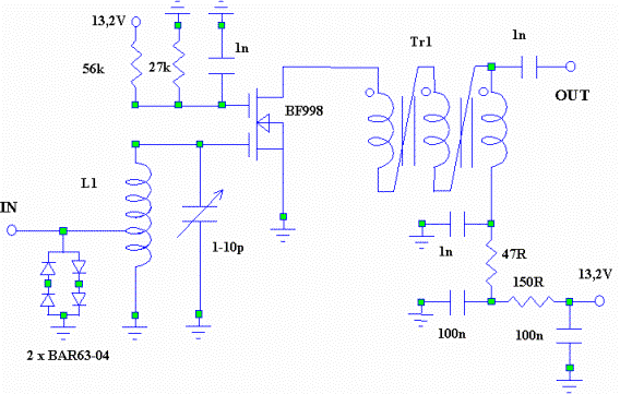 Рис. 1: стандартная схема для двухзатворного MOSFET LNA и максимальное согласование по выходной мощности.